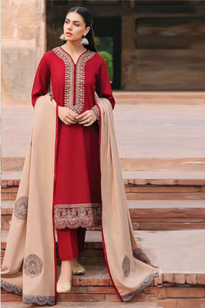 HR-ZK970 3 Piece Embroidered Dhanak Shirt With Embroidered Dhanak Shawl
