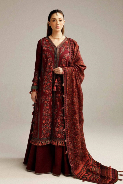 HR-HR730 3 Piece Embroidered Dhanak Shirt With Printed Wool Shawl