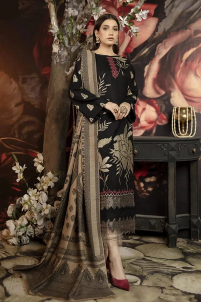 HR-MJ1090 3 Piece Embroidered Dhanak Shirt With Printed Wool Shawl
