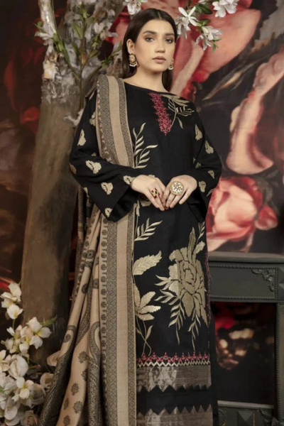 HR-MJ1090 3 Piece Embroidered Dhanak Shirt With Printed Wool Shawl