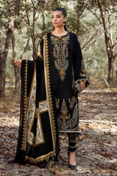 HR-MB700 3 Piece Embroidered Dhanak Shirt With Printed Wool Shawl