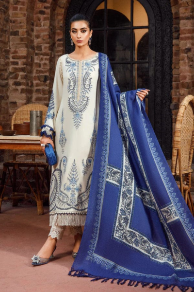 HR-MB715 3 Piece Embroidered Dhanak Shirt With Printed Wool Shawl