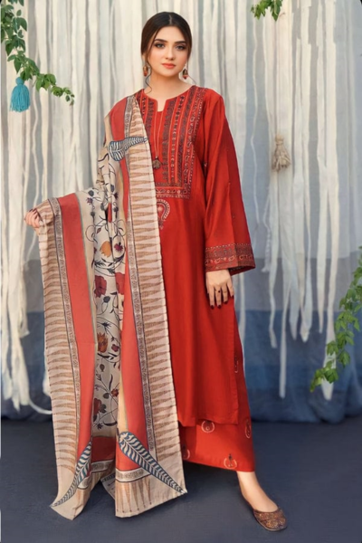 HR-BR845 3 Piece Embroidered Dhanak Shirt With Printed Wool Shawl