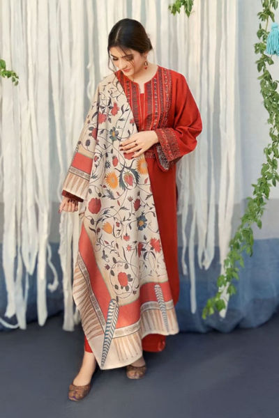 HR-BR845 3 Piece Embroidered Dhanak Shirt With Printed Wool Shawl