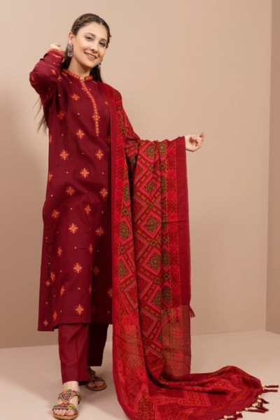 HR-RS705 3 Piece Embroidered Dhanak Shirt With Printed Wool Shawl