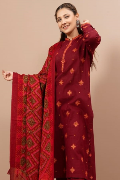 HR-RS705 3 Piece Embroidered Dhanak Shirt With Printed Wool Shawl