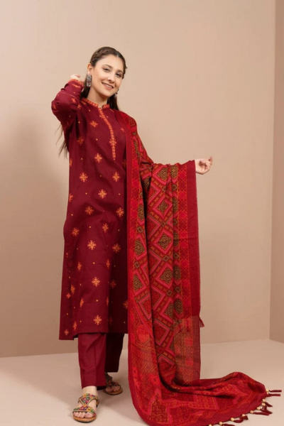 HR-RS705 3 Piece Embroidered Dhanak Shirt With Printed Wool Shawl