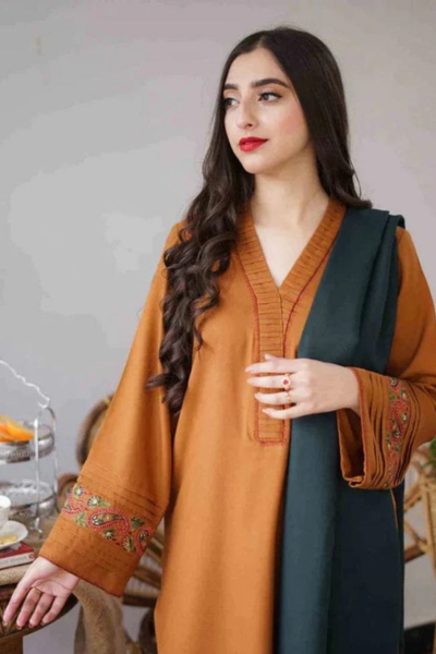 HR-GA1120 3 Piece Embroidered Dhanak Shirt With Embroided Dhanak Shawl