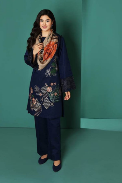 HR-NS195 3 Piece Embroidered Dhanak Shirt With Printed Wool Shawl