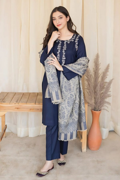 HR-MB830 3 Piece Embroidered Shirt With Printed Wool Shawl