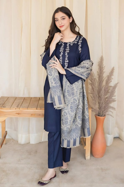 HR-MB830 3 Piece Embroidered Shirt With Printed Wool Shawl
