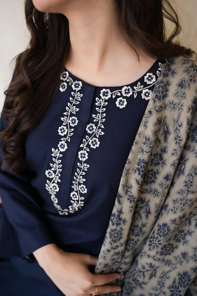 HR-MB830 3 Piece Embroidered Shirt With Printed Wool Shawl