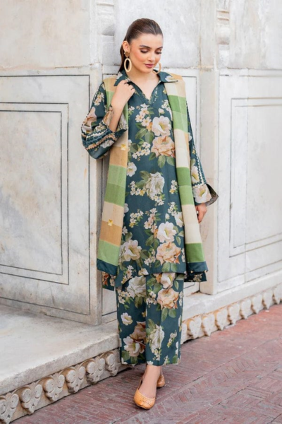 HR-BK181 3 Piece Digital Printed Khaddar Shirt Trouser And Dupatta