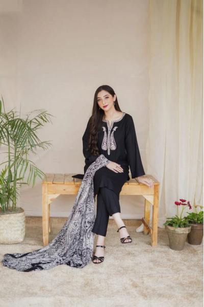 HR-AS15 3 Piece Embroidered Dhanak Shirt With Printed Wool Shawl