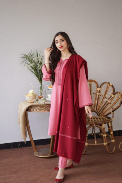 HR-AS15 3 Piece Embroidered Dhanak Shirt With Dhanak Dupatta