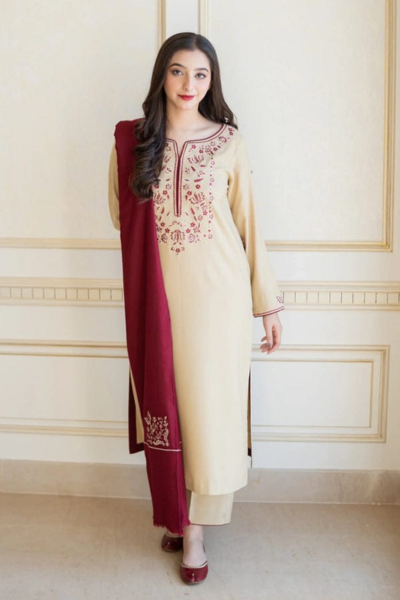 HR-AS 25 3 Piece Embroidered Dhanak Shirt With Dhanak Dupatta