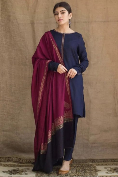 HR-AG1115 3 Piece Dhanak Shirt With Printed Wool Shawl