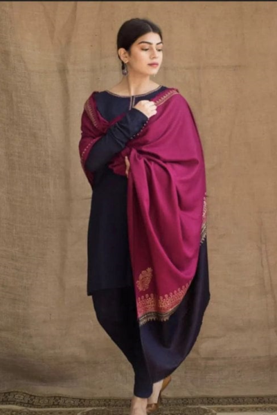 HR-AG1115 3 Piece Dhanak Shirt With Printed Wool Shawl