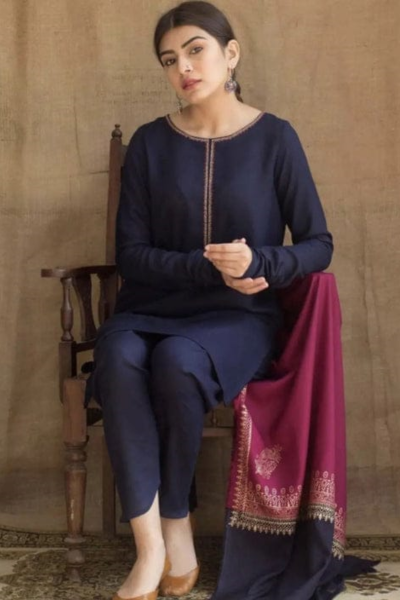 HR-AG1115 3 Piece Dhanak Shirt With Printed Wool Shawl