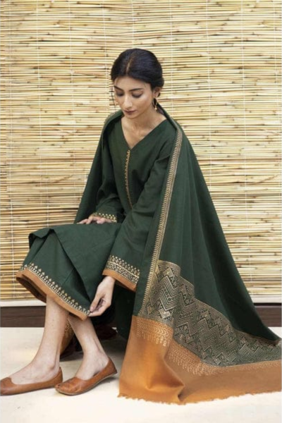HR-BR1075 3 Piece Dhanak Shirt With Printed Wool Shawl