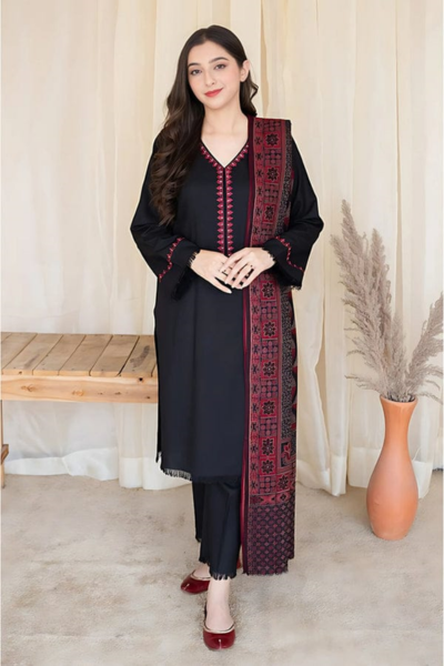 HR-MB 835 3 Piece Dhanak Shirt With Printed Wool Shawl