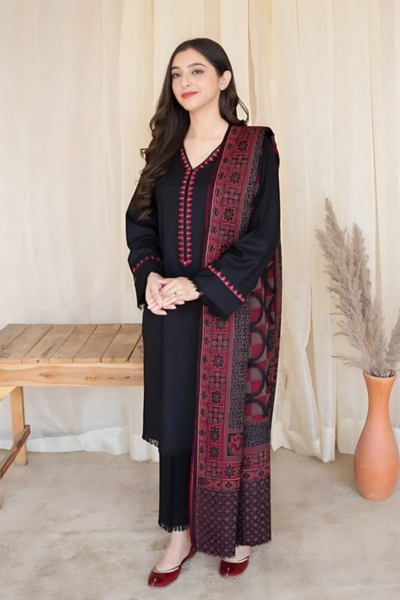 HR-MB 835 3 Piece Dhanak Shirt With Printed Wool Shawl