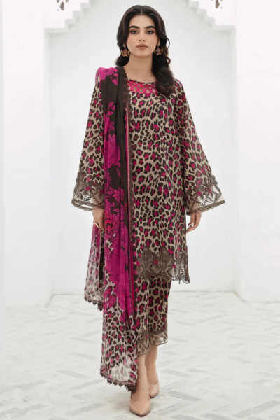 HR-CR78 3pc Digital Printed Lawn Suit With Monar Dupatta & Embroidered Patches