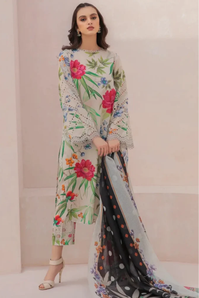 HR-33 Digital Printed Unstitched Lawn Suit With Digital Printed Monar Dupatta