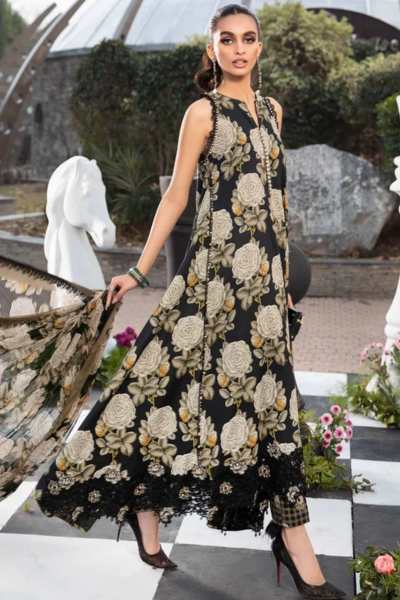 HR-02 3 Piece Unstitched Printed Lawn Suit With Printed Silk Dupatta & Embroidery Patches