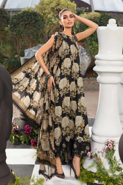 HR-02 3 Piece Unstitched Printed Lawn Suit With Printed Silk Dupatta & Embroidery Patches
