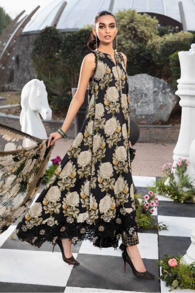 HR-02 3 Piece Unstitched Printed Lawn Suit With Printed Silk Dupatta & Embroidery Patches