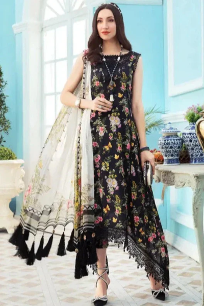HR-01 3 Piece Unstitched Printed Lawn Suit With Printed Silk Dupatta & Embroidered Patches
