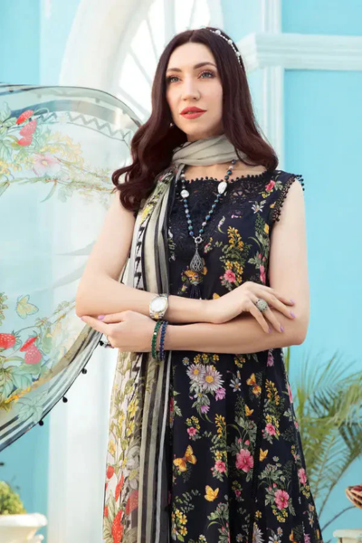 HR-01 3 Piece Unstitched Printed Lawn Suit With Printed Silk Dupatta & Embroidered Patches