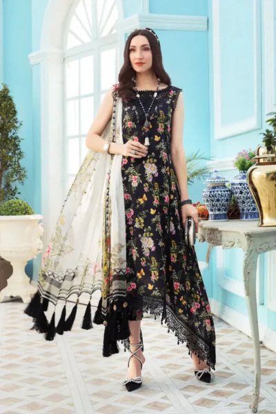 HR-01 3 Piece Unstitched Printed Lawn Suit With Printed Silk Dupatta & Embroidered Patches