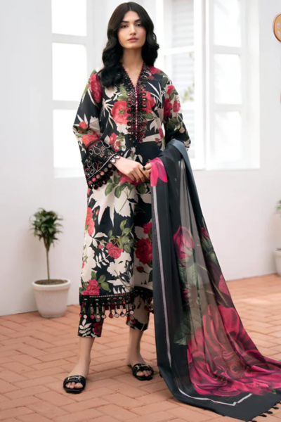 HR- 80 Printed unstitched Lawn Suit 3pc With Lawn Printed Dupatta & Embroidered Patches