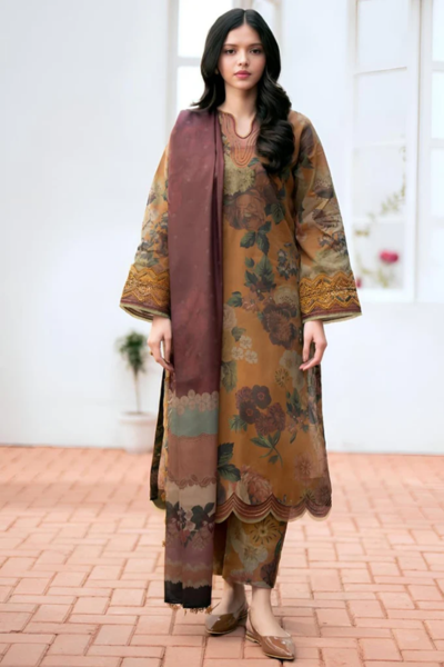 HR-01 Digital Printed Khaddar Suit 3pc with Khaddar Digital Printed Dupatta & Embroidered Patches