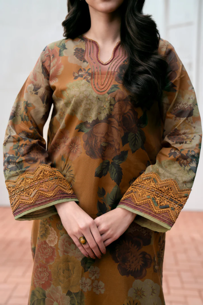 HR-01 Digital Printed Khaddar Suit 3pc with Khaddar Digital Printed Dupatta & Embroidered Patches