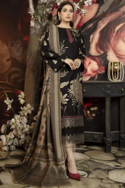 HR-1090 Unstitched Fully Embroided Dhanak Suit With Wool Shawl
