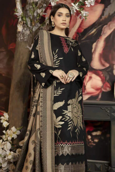 HR-1090 Unstitched Fully Embroided Dhanak Suit With Wool Shawl