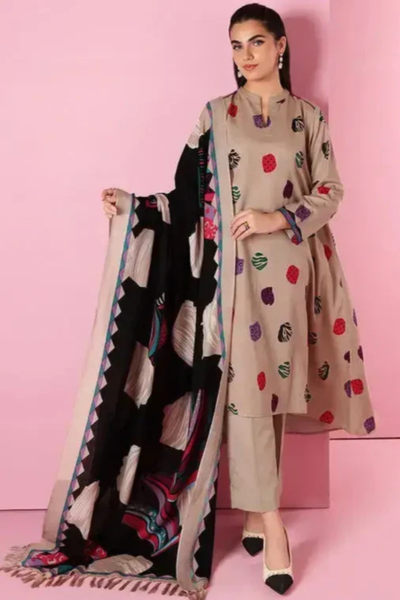 HR-SR2042 Unstitched Fully Embroided Dhanak Suit With Wool Shawl