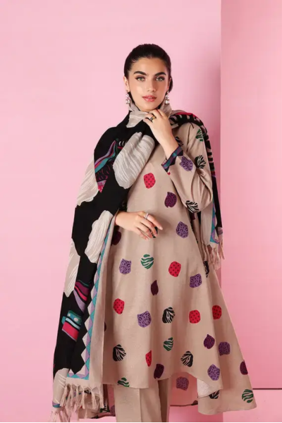 HR-SR2042 Unstitched Fully Embroided Dhanak Suit With Wool Shawl