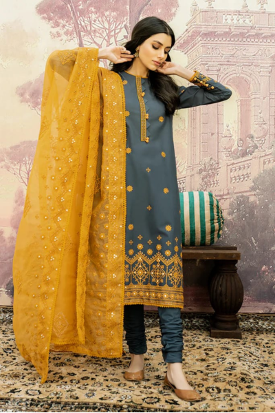 HR-3Pc Unstitched Sequence Embroidered Lawn Suit With Organza Embroidered Dupatta