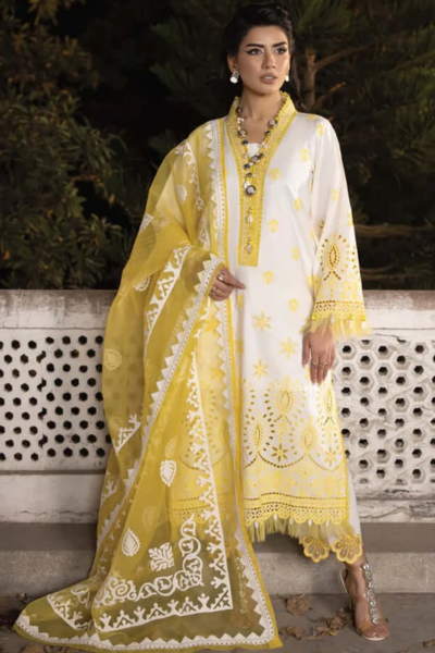 HR-Lawn Unstitched Embroidered 3Pc With Organza Embroidered Dupatta