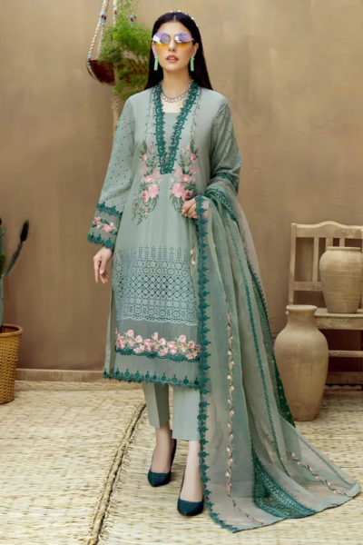 HR-LM16 Lawn Unstitched Embroidered 3pc Suit With Organza Embroidered Dupatta