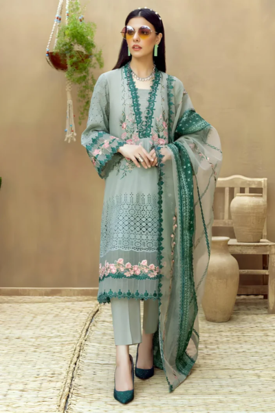 HR-LM16 Lawn Unstitched Embroidered 3pc Suit With Organza Embroidered Dupatta