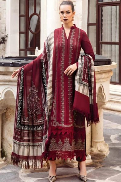 HR-48 Unstitched Embroidered Dhanak Suit With Embroidered Dhanak Shawl