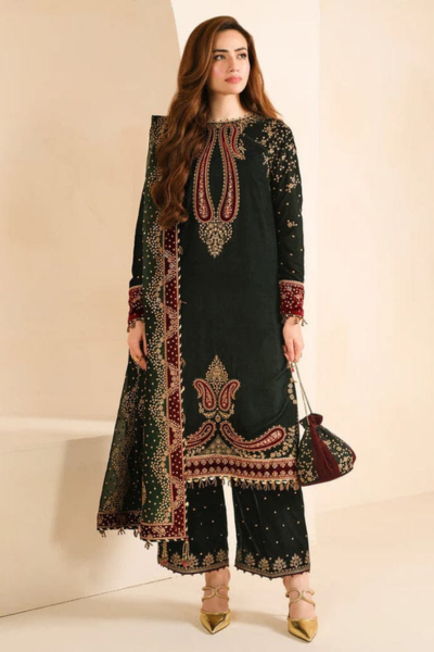 HR-JZ999 3 Pc Embroidered Velvet Shirt And Trouser With Chiffon Dupatta