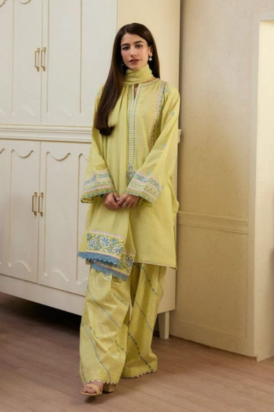 HR-ZS 2635 3 Pc Embroidered Lawn Shirt With Embroidered Cotton Net Dupatta