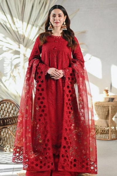 HR-MB2505 3 Piece Embroidered Lawn Shirt With Embroidered Organza Dupatta