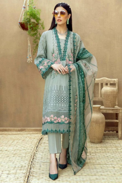 HR-LM 16 3 Piece Embroidered Lawn Shirt With Embroidered Organza Dupatta